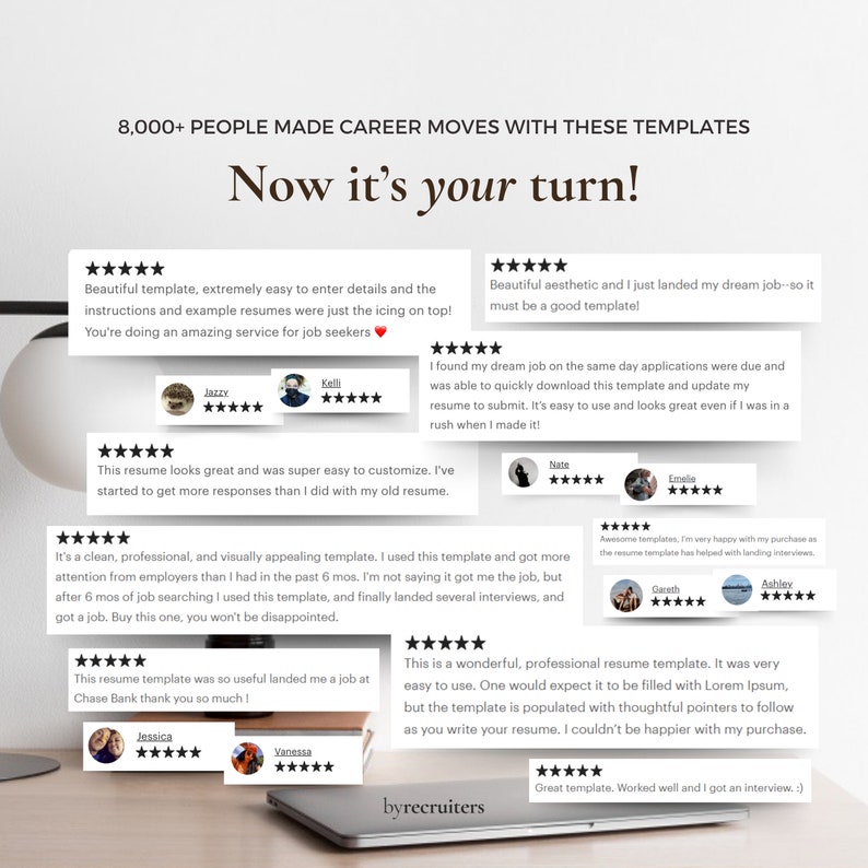 Customer reviews of resume templates on a grey background with a lamp and Macbook. Screenshots of multiple five-star reviews.