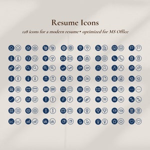 Op de afbeelding: Een raster met 128 blauwe pictogrammen met witte contouren, die verschillende symbolen met betrekking tot cv's voorstellen. De pictogrammen omvatten huis, telefoon, e-mail, kalender, koffer en meer. De tekst "Resume Icons" en "128 icons for a modern resume - optimized for MS Office" wordt boven het raster weergegeven.