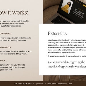Instructions for a job application toolkit, including a resume template for Word, Pages, and Google Docs, resume website template for Canva, and LinkedIn banner template for Canva.
