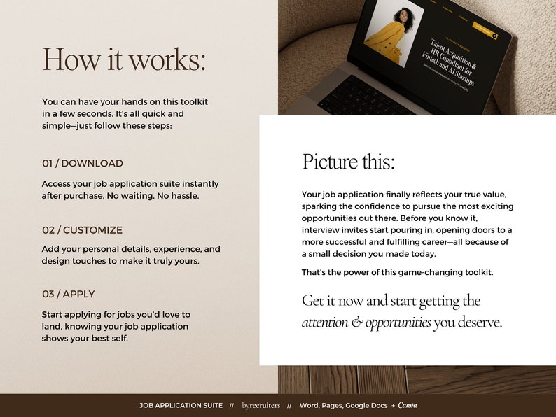 Instructions for a job application toolkit, including a resume template for Word, Pages, and Google Docs, resume website template for Canva, and LinkedIn banner template for Canva.