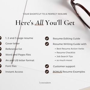 May include: A checklist of items included in a resume package. The checklist includes a 1, 2, and 3-page resume, cover letter, reference list, Word and Pages files, A4 and US letter format, font files, instant access, resume editing guide, resume writing guide with best resume action verbs, resume checklist, job search tips, customer support, and bonus resume examples.