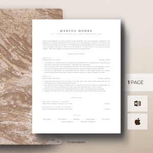 May include: A minimalist resume template with a beige background. The template features a title card with the name "Marcus Moore" and contact information. The resume includes sections for work experience, education, and skills. The template is designed to be easy to read and visually appealing.