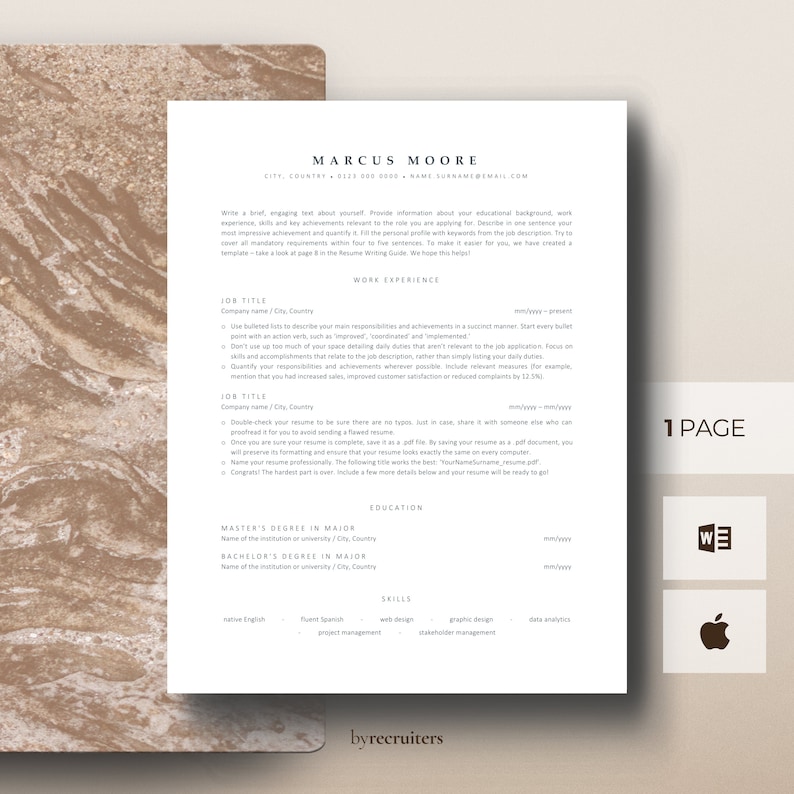 May include: A minimalist resume template with a beige background. The template features a title card with the name "Marcus Moore" and contact information. The resume includes sections for work experience, education, and skills. The template is designed to be easy to read and visually appealing.