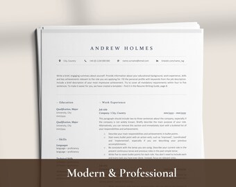 May include: A modern and professional resume template with a dark blue header and a white background. The template includes sections for education, work experience, and skills. The text "Modern & Professional" is displayed in a brown box at the bottom of the page.