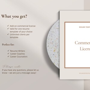 May include: A beige and brown graphic with the text "What you get?" and a list of features. The text "Perfect for:" is followed by a list of professions. The text "Please note" is followed by a message. The graphic also includes a brown rectangle with the text "RESUME TEMPLATE" and "Commercial License". The text "RESUMESBYRECRUITERS" is at the bottom of the rectangle.