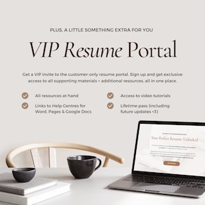 May include: A laptop computer with a white background showing a website called "Your Perfect Resume: Unlocked". The laptop is on a table with two coffee mugs and a stack of books. The text on the screen says "Welcome to Your Resume Writing Portal".