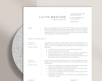 May include: A black and white resume template with the name Lilith Madison at the top. The template includes sections for a profile, work experience, education, and references. The template provides instructions for filling out each section.
