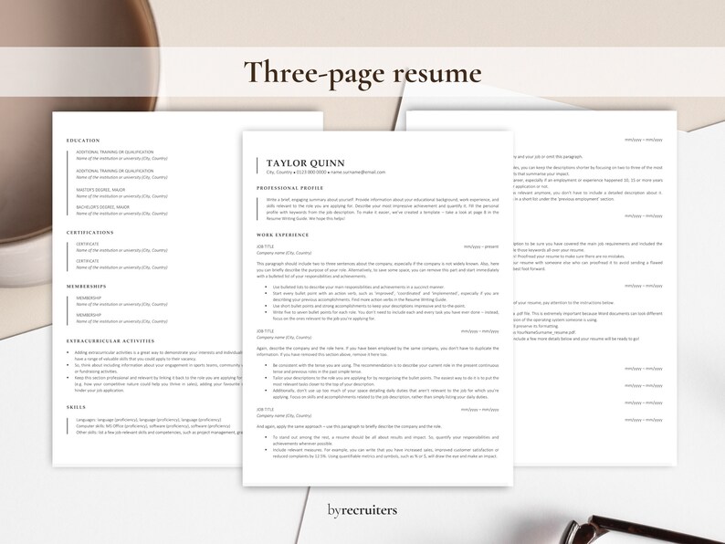 May include: A three-page resume template with a minimalist design. The template features a professional profile section, work experience section, and skills section. The template is designed to help job seekers create a visually appealing and effective resume.