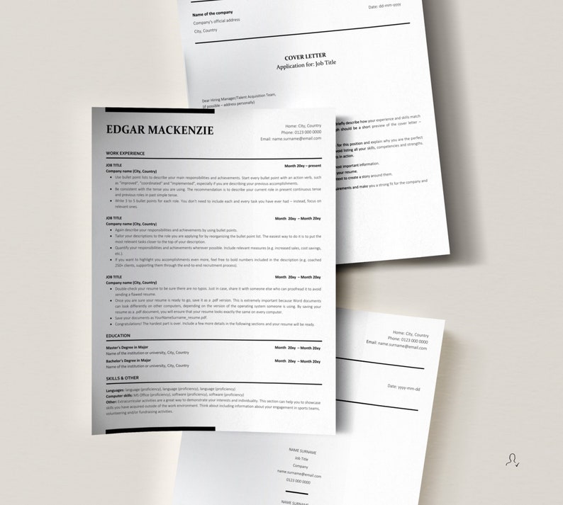May include: A black and white resume template with the name Edgar Mackenzie at the top. The resume includes sections for work experience, education, and skills and other.