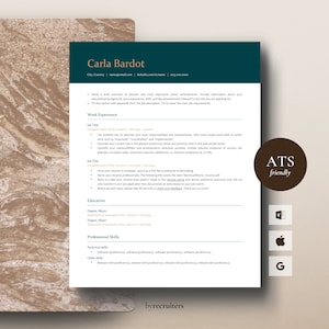 May include: A resume template with a green and brown color scheme. The template includes sections for work experience, education, and professional skills. The text "ATS friendly" is in the upper right corner of the page.