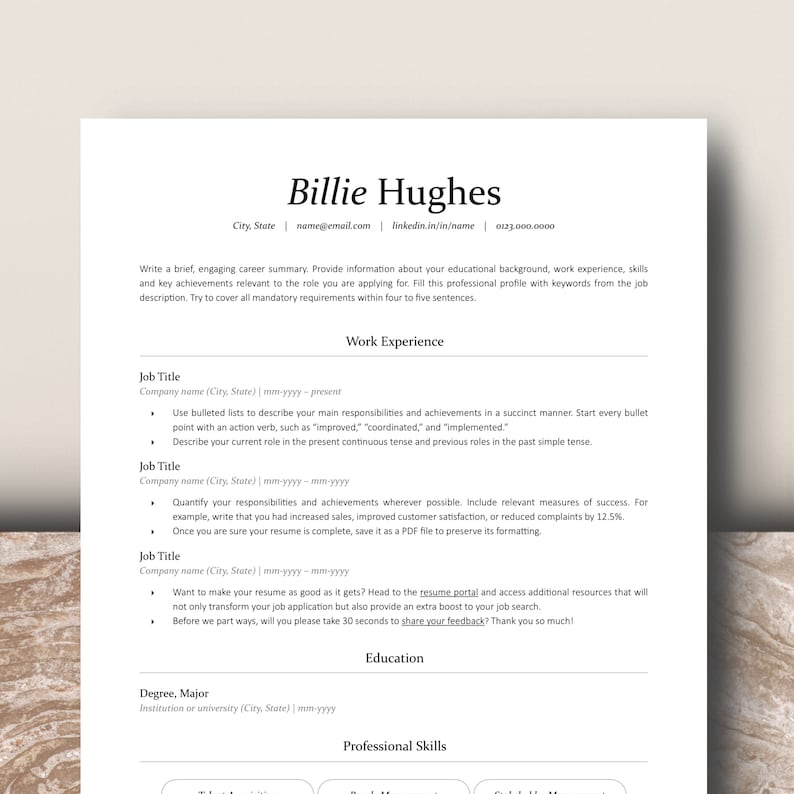 Clean and minimalist resume template on a beige marble background. Minimalist CV template 2024.