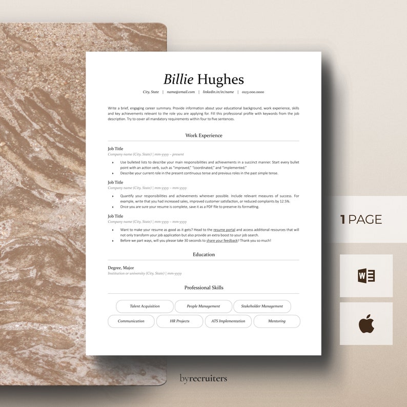 Top view of a one-page clean resume template on a beige marble background. A minimalist executive CV template. Symbols of Microsoft Word and Apple Pages indicate resume template formats.