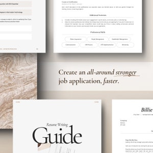 Top view of minimalist resume templates and resume writing guide on a beige background with a marble desk behind the CV pages. The text says, Create an all-around stronger job application faster.