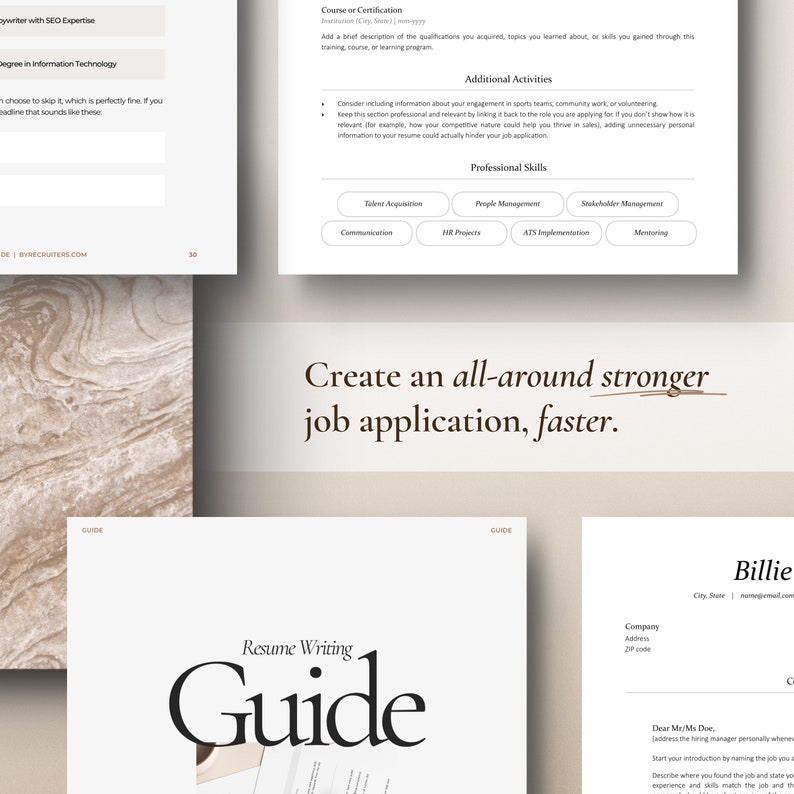 Top view of minimalist resume templates and resume writing guide on a beige background with a marble desk behind the CV pages. The text says, Create an all-around stronger job application faster.