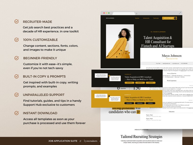 Recruiter-made, all-in-one job search solution with DFY job application templates, including a resume template, resume website template for Canva, and LinkedIn banner template