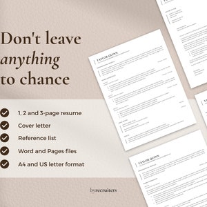 May include: A checklist of items included in a resume package, including a 1, 2, and 3-page resume, cover letter, reference list, Word and Pages files, and A4 and US letter format. The text "Don't leave anything to chance" is at the top of the image.