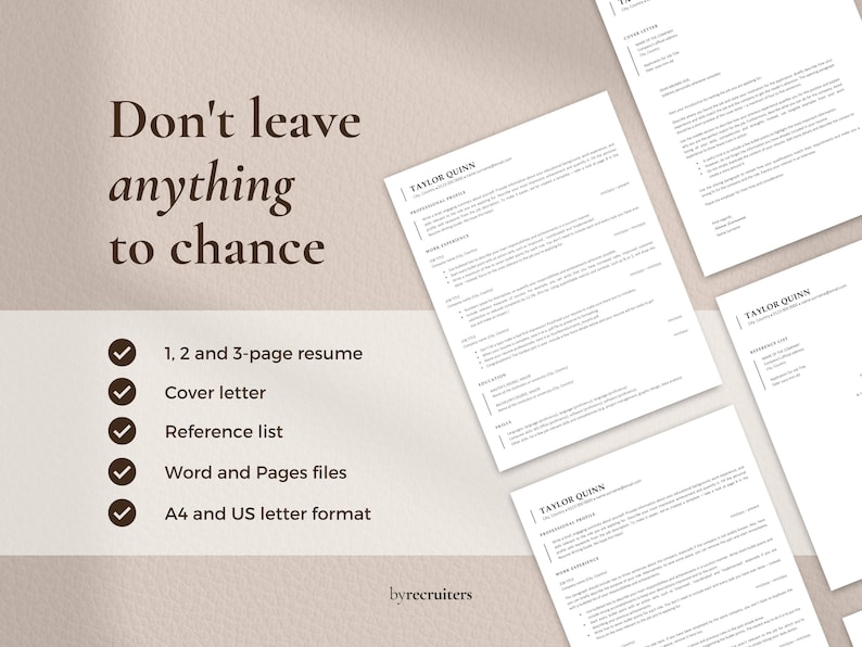 May include: A checklist of items included in a resume package, including a 1, 2, and 3-page resume, cover letter, reference list, Word and Pages files, and A4 and US letter format. The text "Don't leave anything to chance" is at the top of the image.