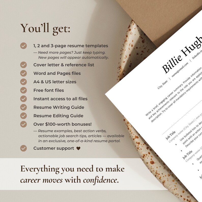 Top view of a clean, minimalist resume template in a beige marble bowl. The left side shows a list of items included in the downloadable template: 1, 2, and 3-page resumes, cover letter templates, ebooks, manuals, and fonts.