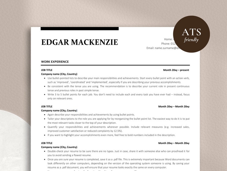 Modern ATS Resume Template, Instant Download CV Design Easy to Edit and Customizable Resume Template Word, Curriculum Vitae image 2