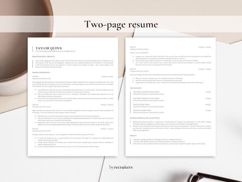 May include: Two-page resume template with a minimalist design. The template features a professional profile section, work experience, education, extracurricular activities, and skills sections. The template is designed to help job seekers create a visually appealing and informative resume.