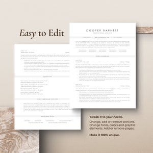 Easy to edit and fully customizable two-page resume template on a beige marble background. Minimalist, professional CV template for 2024.