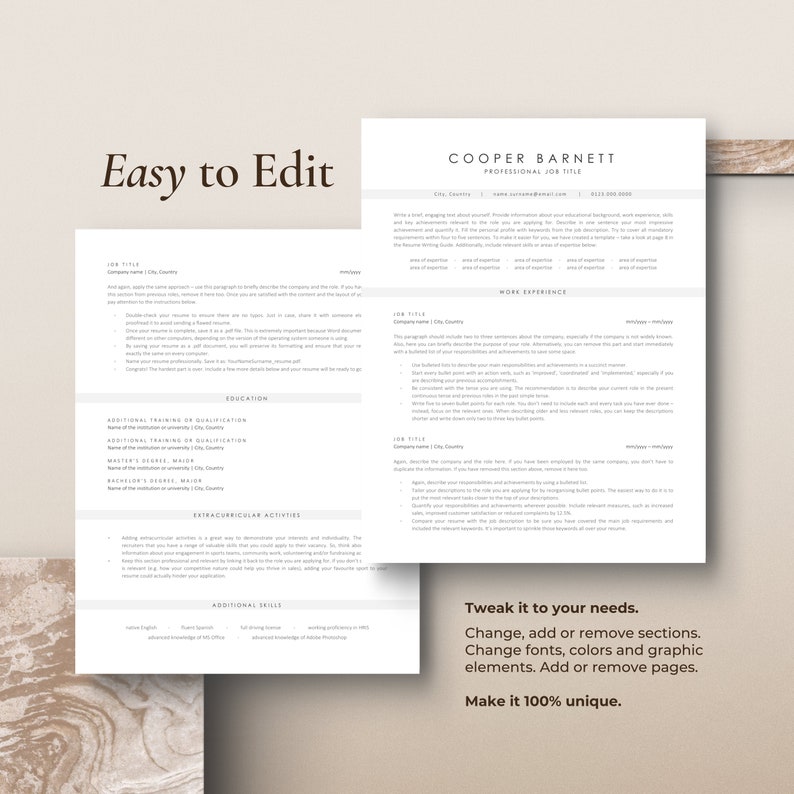 Easy to edit and fully customizable two-page resume template on a beige marble background. Minimalist, professional CV template for 2024.