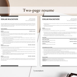 May include: Two-page resume template with the name Edgar Mackenzie at the top of each page. The resume includes sections for work experience, education, extracurricular activities, skills and other.