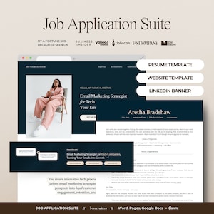 Puede incluir: Una maqueta de sitio web para un paquete de solicitud de empleo, con un fondo azul oscuro y una mujer con un traje rosa sentada en una silla. El texto "Job Application Suite" se muestra en una fuente grande en la parte superior de la página. El sitio web incluye una plantilla de currículum, una plantilla de sitio web y una pancarta de LinkedIn.