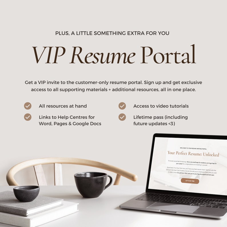May include: A laptop computer with a white background showing a website called "Your Perfect Resume: Unlocked". The laptop is on a table with two coffee mugs and a stack of books. The text on the screen says "Welcome to Your Resume Writing Portal".