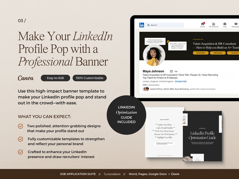 LinkedIn banner template in Canva for creative industries to download. LinkedIn profile optimization guide included.