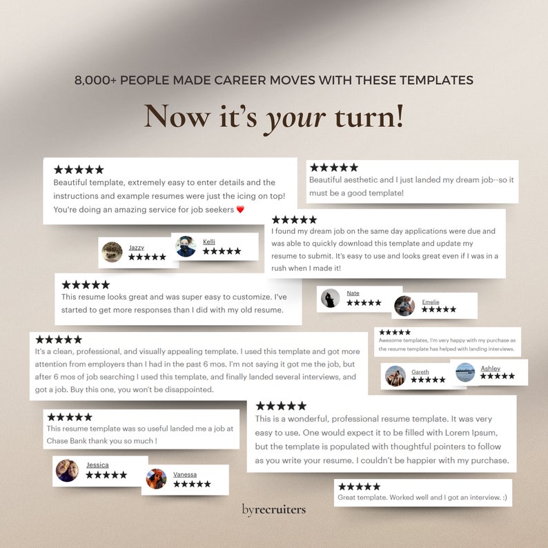 Resume template reviews on a beige background. Multiple five-star testimonials.