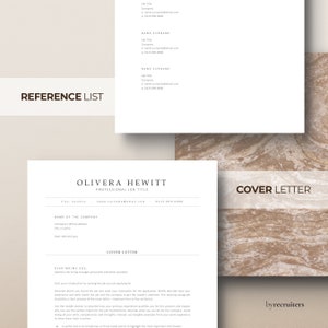 Cover letter and reference list template on a beige marble background. Minimalist gray header. Professional CV template 2024.