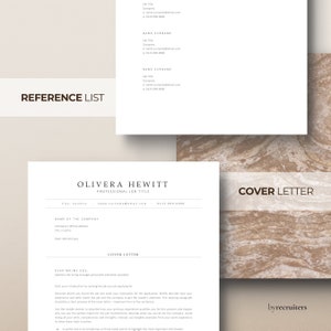 Cover letter and reference list template on a beige marble background. Minimalist gray header. Professional CV template 2024.