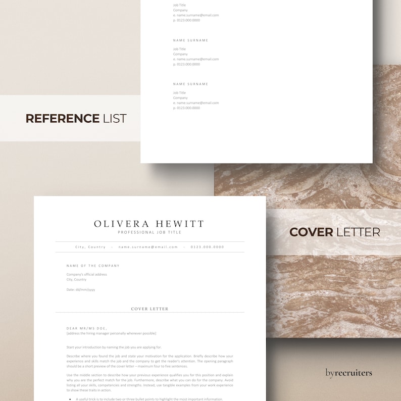 Cover letter and reference list template on a beige marble background. Minimalist gray header. Professional CV template 2024.