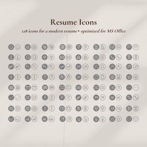 May include: A set of 128 gray icons for a modern resume, optimized for Microsoft Office. The icons are arranged in a grid pattern and include various symbols such as a house, a globe, a phone, a file, a check mark, a gear, a graph, a light bulb, a star, and a heart.