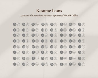 May include: A set of 128 grey icons for a modern CV, optimised for Microsoft Office. The icons are arranged in a grid pattern and include various symbols such as a house, a globe, a phone, a file, a tick, a cog, a graph, a light bulb, a star, and a heart.