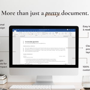 May include: A computer screen displaying a resume template in a word processing program. The resume template is designed to be functional, easy to edit, and visually appealing. The text on the screen reads "TAYLOR QUINN".