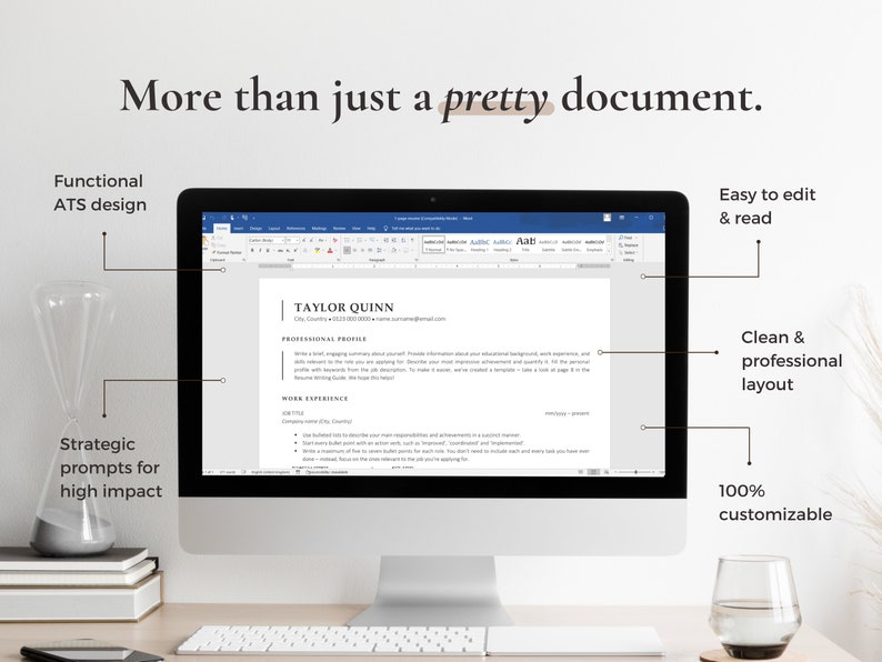 May include: A computer screen displaying a resume template in a word processing program. The resume template is designed to be functional, easy to edit, and visually appealing. The text on the screen reads "TAYLOR QUINN".