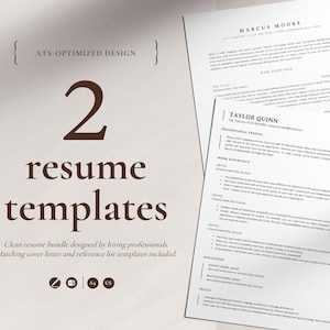 K&ouml;nnte beinhalten: Ein Bundle mit zwei Lebenslaufvorlagen in sauberem Design. Der Text enth&auml;lt "ATS-OPTIMIZED DESIGN", "2 resume templates" und "Clean resume bundle designed by hiring professionals". Enth&auml;lt Vorlagen f&uuml;r Anschreiben und Referenzlisten. Papierformat A4 und US Letter.