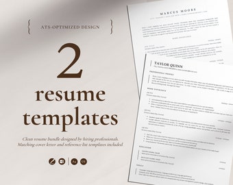 May include: A bundle of two resume templates with a clean design. The text includes "ATS-OPTIMIZED DESIGN", "2 resume templates", and "Clean resume bundle designed by hiring professionals". Includes cover letter and reference list templates. The paper size is A4 and US letter.