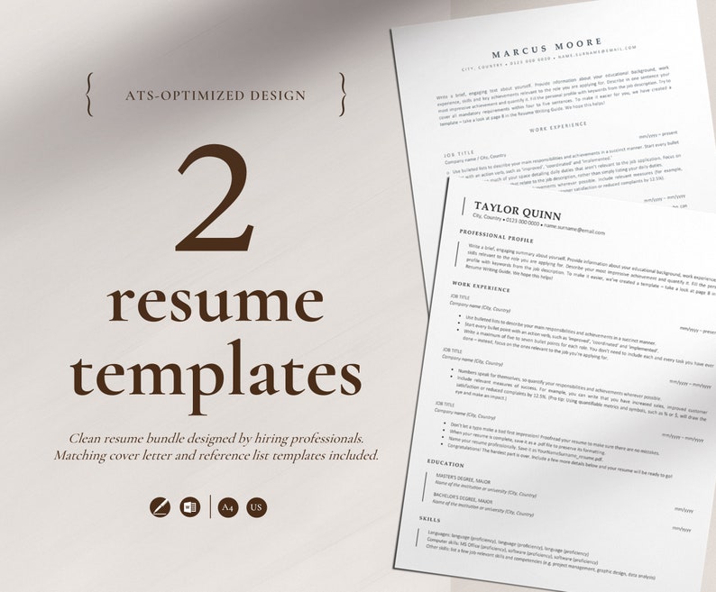 K&ouml;nnte beinhalten: Ein Bundle mit zwei Lebenslaufvorlagen in sauberem Design. Der Text enth&auml;lt "ATS-OPTIMIZED DESIGN", "2 resume templates" und "Clean resume bundle designed by hiring professionals". Enth&auml;lt Vorlagen f&uuml;r Anschreiben und Referenzlisten. Papierformat A4 und US Letter.