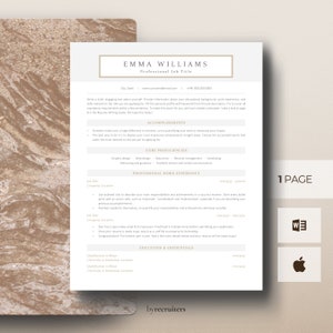 May include: A beige and brown resume template with the title "Emma Williams" and the text "Professional Job Title". The template includes sections for accomplishments, core proficiencies, professional work experience, education and credentials. The template is designed to be used for job applications.