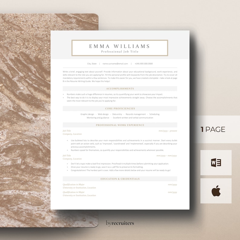 May include: A beige and brown resume template with the title "Emma Williams" and the text "Professional Job Title". The template includes sections for accomplishments, core proficiencies, professional work experience, education and credentials. The template is designed to be used for job applications.