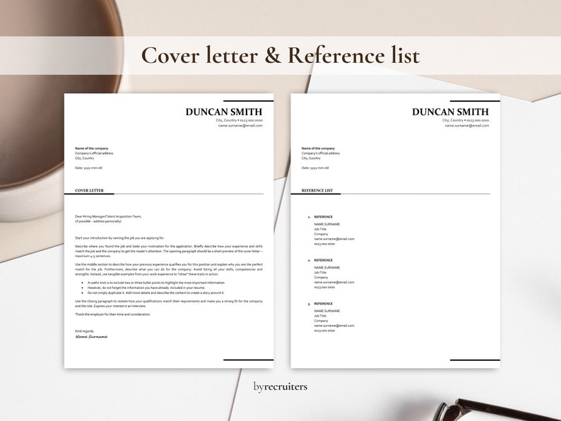 Puede incluir: Una plantilla de carta de presentaci&oacute;n y lista de referencias en blanco y negro con el nombre "Duncan Smith" en la parte superior de cada p&aacute;gina.