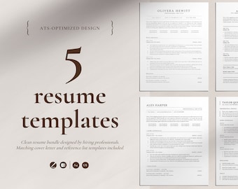 May include: Five resume templates designed for job seekers. The templates are ATS-optimized and include matching cover letter and reference list templates. The text "ATS-optimized design" is at the top of the image.