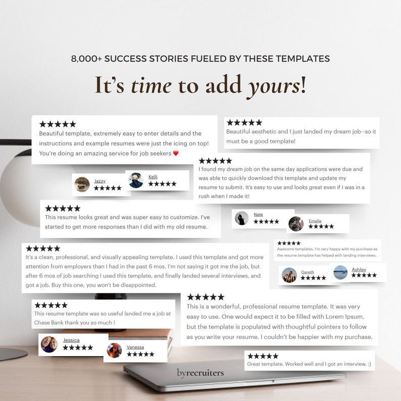 May include: A collection of positive customer reviews for a resume template. The reviews highlight the ease of use, the quality of the template, and the positive results customers have achieved using the template. The reviews include text such as "Beautiful template, extremely easy to enter details", "I found my dream job on the same day applications were due", "This resume looks great and was super easy to customize", "It's a clean, professional, and visually appealing template", "This resume template was so useful landed me a job at Chase Bank", "This is a wonderful, professional resume template", and "Great template. Worked well and I got an interview."
