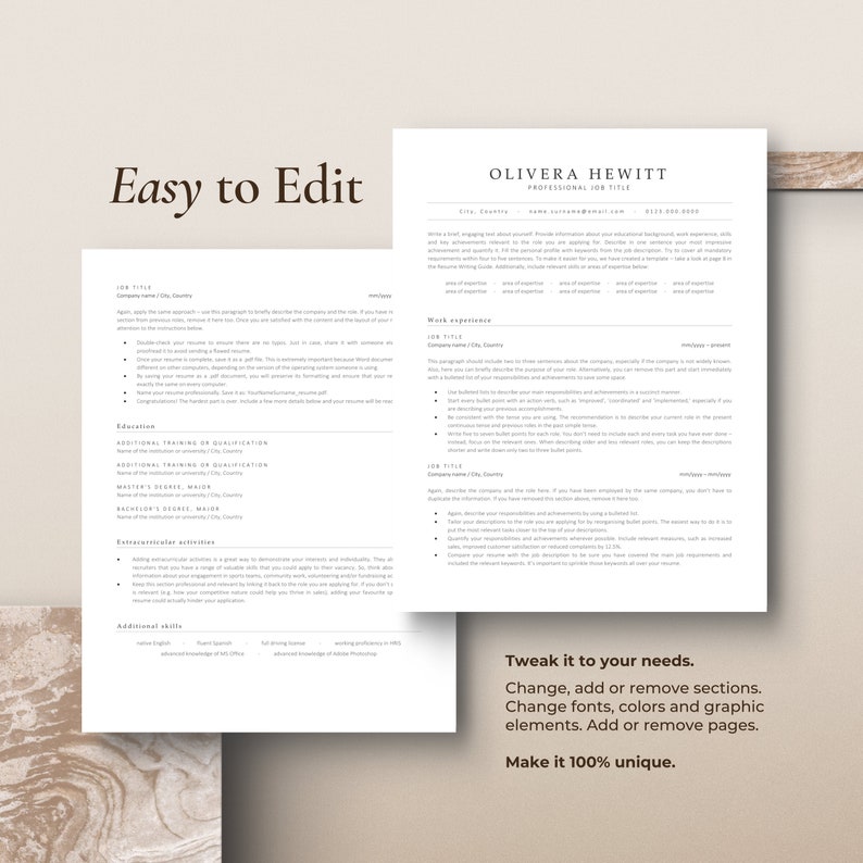 May include: A resume template with the text "Easy to Edit" and "Tweak it to your needs." The template is designed to help users create a professional resume.