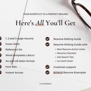 May include: A checklist of what you'll get when you purchase a resume writing package. The checklist includes a 1, 2, and 3-page resume, cover letter, reference list, word templates, A4 and US letter format, font files, instant access, resume editing guide, resume writing guide with best resume action verbs, resume checklist, job search tips, customer support, and bonus resume examples.