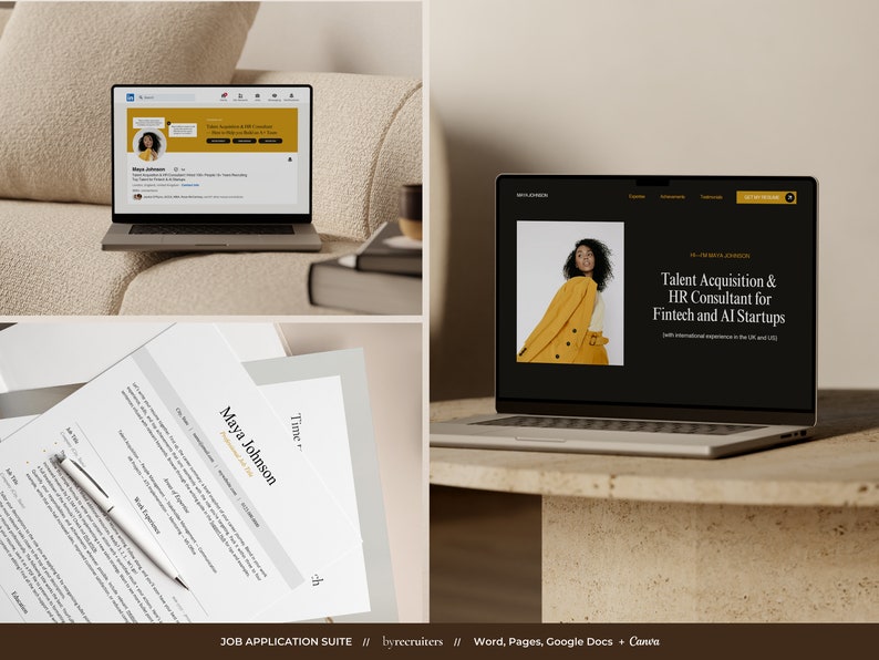 All-in-one DIY job search toolkit to download, including resume template, website template, and LinkedIn banner template. Word, Pages, Google Docs and Canva templates included.