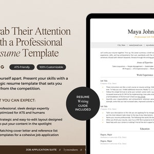 ATS-friendly resume template with a bold header for creative industries. Resume writing guide included.